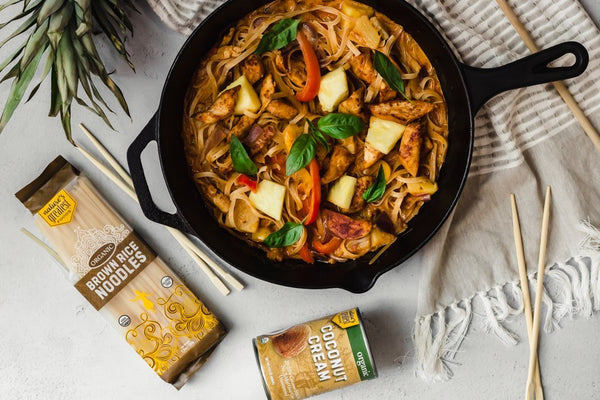 Thai Style Coconut Curry Noodles with Chicken and Pineapple