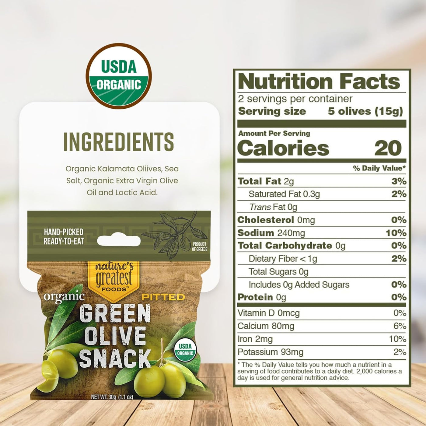 Organic Green Pitted Olive Snack by Nature's Greatest Foods – 1.1