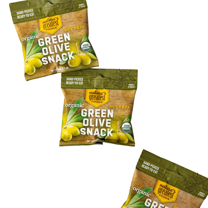 Organic Green Pitted Olive Snack by Nature’s Greatest Foods – 1.1 Oz – Ready to Eat, Freshly Seasoned, Low Calorie & Nutritious, Gluten Free, Kosher, Product of Greece (Pack of 24)